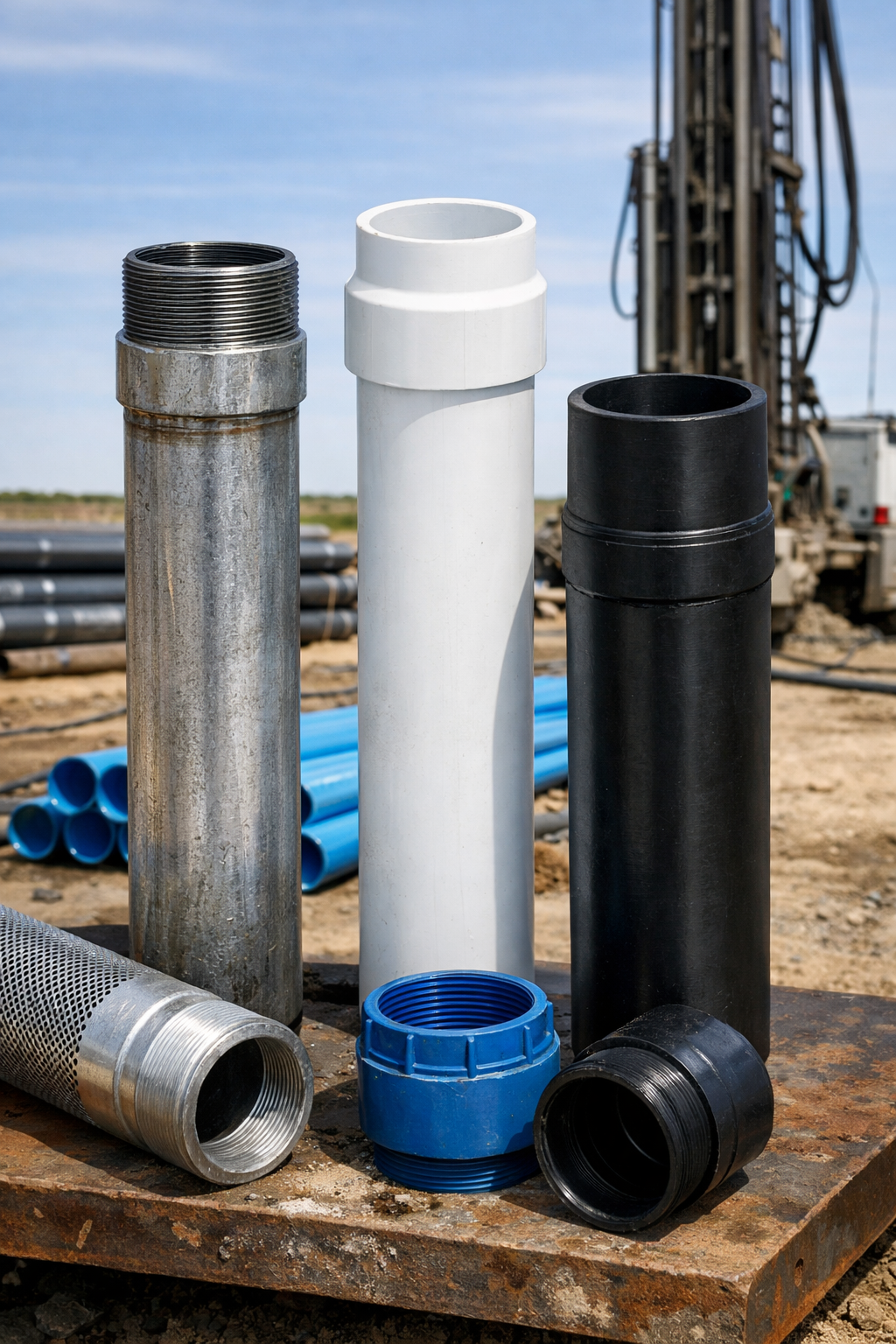 Various well pipes including steel, PVC, and HDPE displayed on a work site, highlighting options for water well projects and pump solutions.