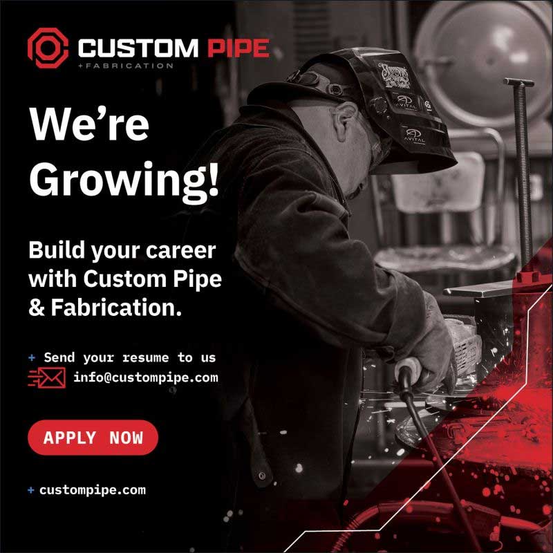 Looking for your next opportunity? Join a team that’s committed to quality, innovation, and supporting critical water infrastructure across the country. If you’re ready to grow your career with Custom Pipe & Fabrication Inc., we’d love to hear from you. View our current openings and apply today.